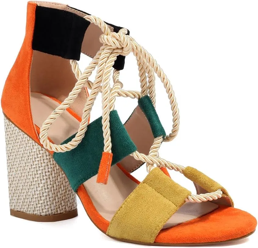 Feinlina Women Colorful Fashion Causal Shoes Suede Cute Sandals Lace up Cross Ankle Strap Comfortable Block Heel (12)