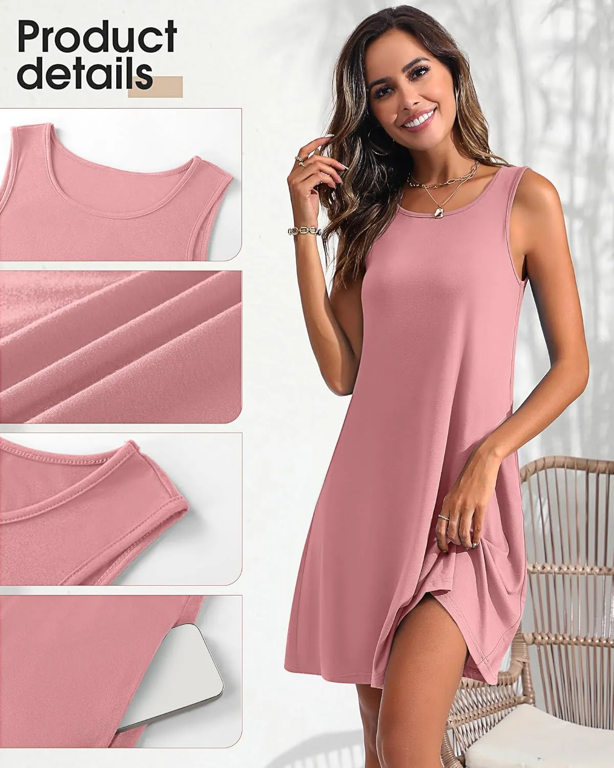 Ficerd 2 Pack Women's Summer Casual Dresses, Beach Cover up Tank Dress with Pockets Plain Round Neck Swing T Shirt Sundresses