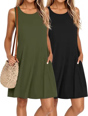 Ficerd 2 Pack Women's Summer Casual Dresses, Beach Cover up Tank Dress with Pockets Plain Round Neck Swing T Shirt Sundresses