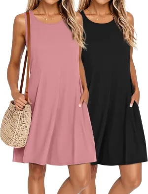 Ficerd 2 Pack Women's Summer Casual Dresses, Beach Cover up Tank Dress with Pockets Plain Round Neck Swing T Shirt Sundresses
