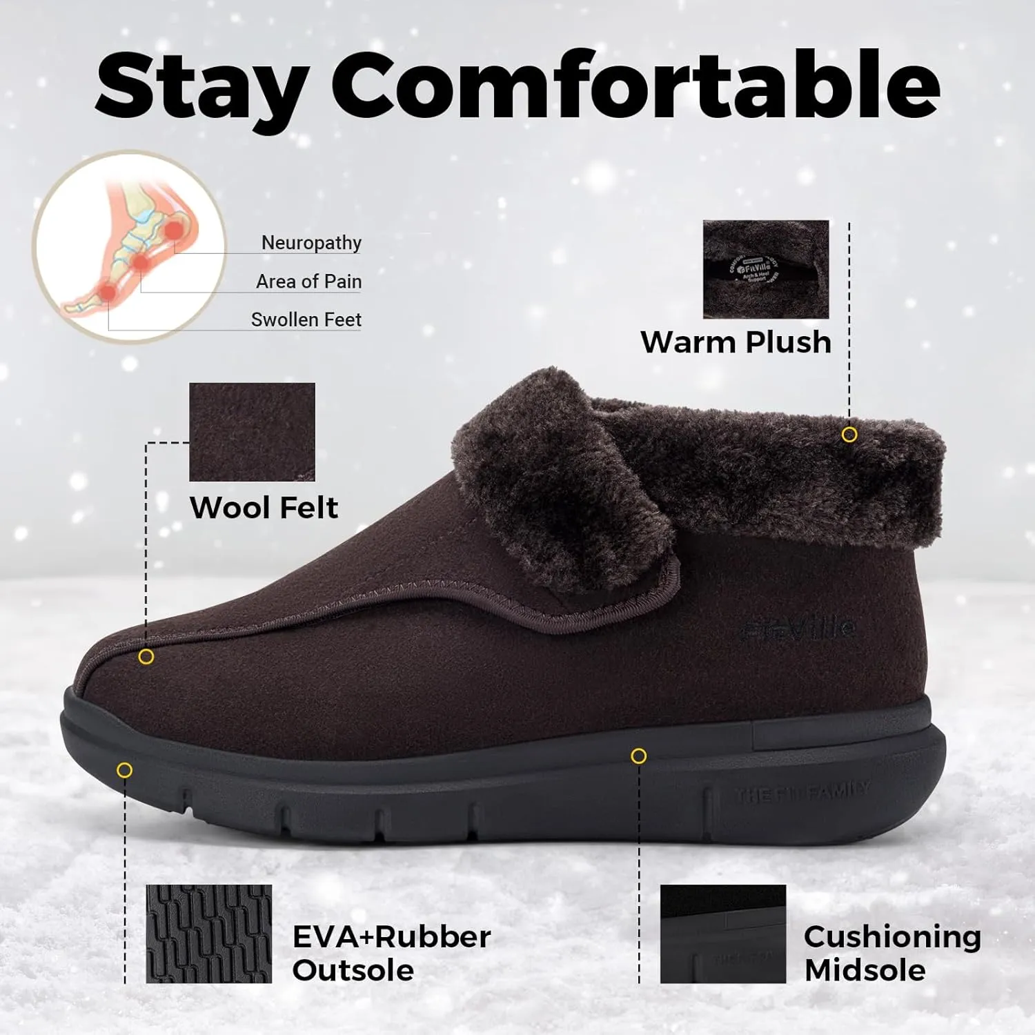 FitVille Men's Wide Snow Boots, Lightweight Winter Boots Slippers Warm Slip-on Diabetic Boots with Adjustable Closures, Comfortable Lymphedema Shoes for Swollen Feet