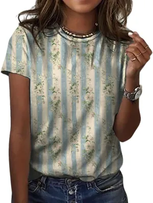 Floral Boho Shirts for Women Short Sleeve Round Neck Summer Work Tops Casual Vacation Shirts Vintage Graphic Shirt