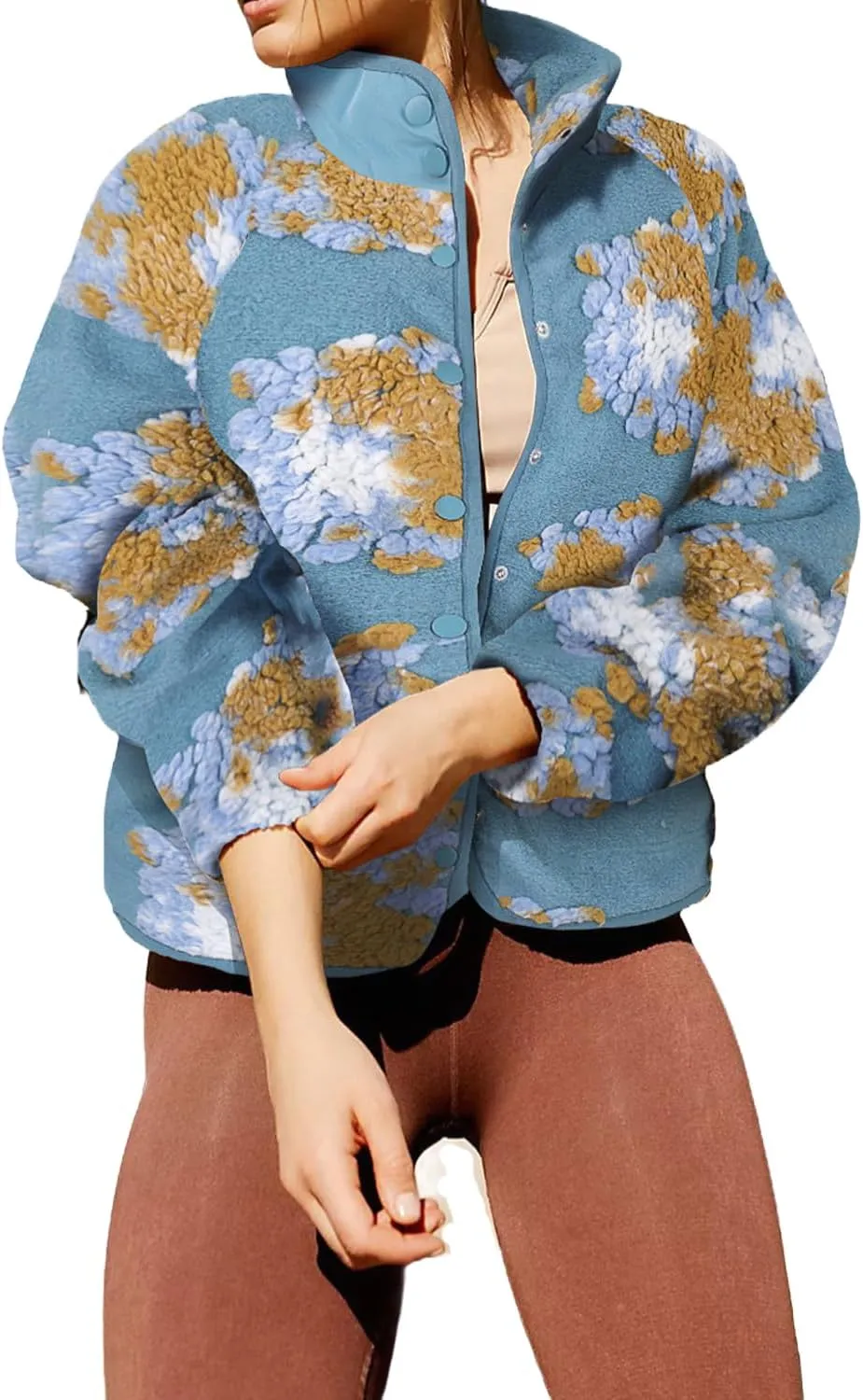 Floral Fleece Jacket Button Down Shacket Casual Sherpa Coats Warm Outwear