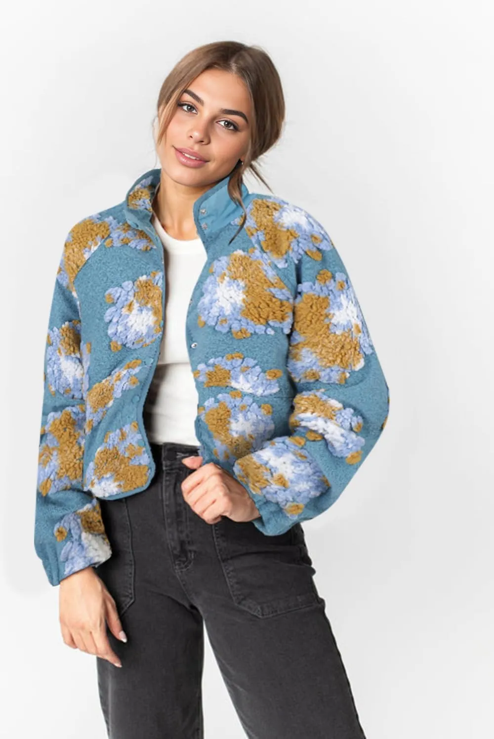 Floral Fleece Jacket Button Down Shacket Casual Sherpa Coats Warm Outwear
