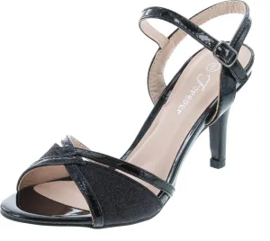 Forever Villa-04 Women's Glitter Metallic Ankle Strap Buckle Wrapped Heel Sandals,Black,8.5