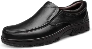 Formal Dress Shoes for Men Slip On Round Apron Toe Cowhide Anti-Slip Non Slip Rubber Sole Slip Resistant Block Heel Walking Suitable for Many Occasions