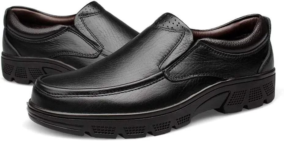 Formal Dress Shoes for Men Slip On Round Apron Toe Cowhide Anti-Slip Non Slip Rubber Sole Slip Resistant Block Heel Walking Suitable for Many Occasions