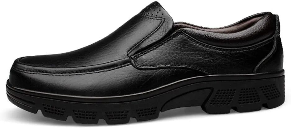 Formal Dress Shoes for Men Slip On Round Apron Toe Cowhide Anti-Slip Non Slip Rubber Sole Slip Resistant Block Heel Walking Suitable for Many Occasions