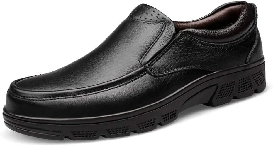 Formal Dress Shoes for Men Slip On Round Apron Toe Cowhide Anti-Slip Non Slip Rubber Sole Slip Resistant Block Heel Walking Suitable for Many Occasions