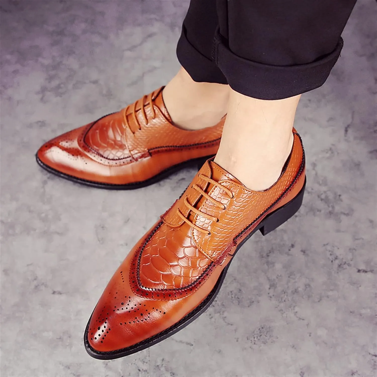 Formal Shoes Dress Oxford for Men Lace Up Brogue Embossed Crocodile Embossed Leather Slip Resistant Low Top Rubber Sole Anti-Slip Prom