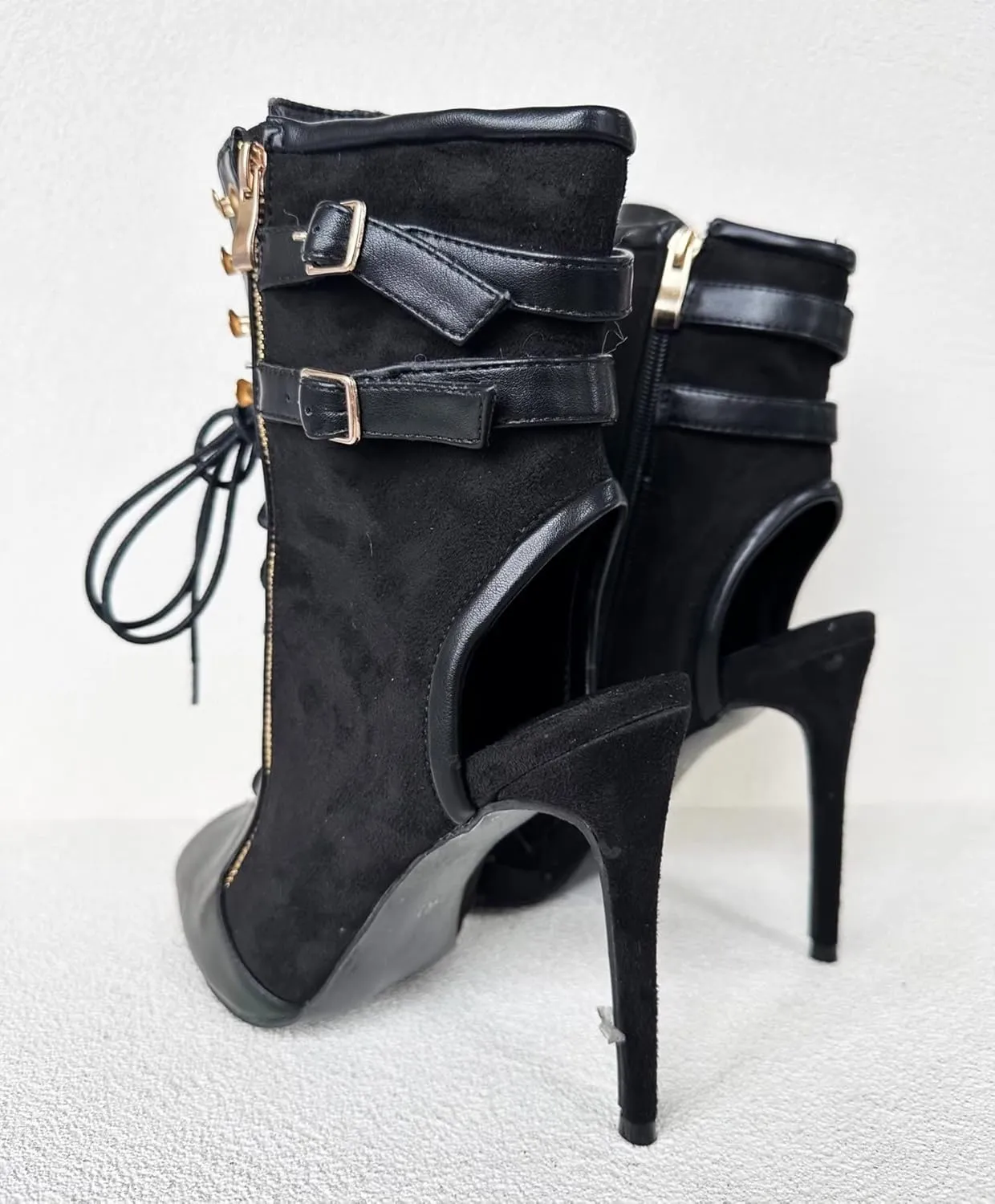 Frankie Hsu Ladies Sexy Hot Unisex Stiletto High Heeled Summer Bootie, Black Suede Gold Buckle Zip Lace Up Classic Fashion Style, Big Large Size US4-19 Suitable Ankle Boots For Women Men