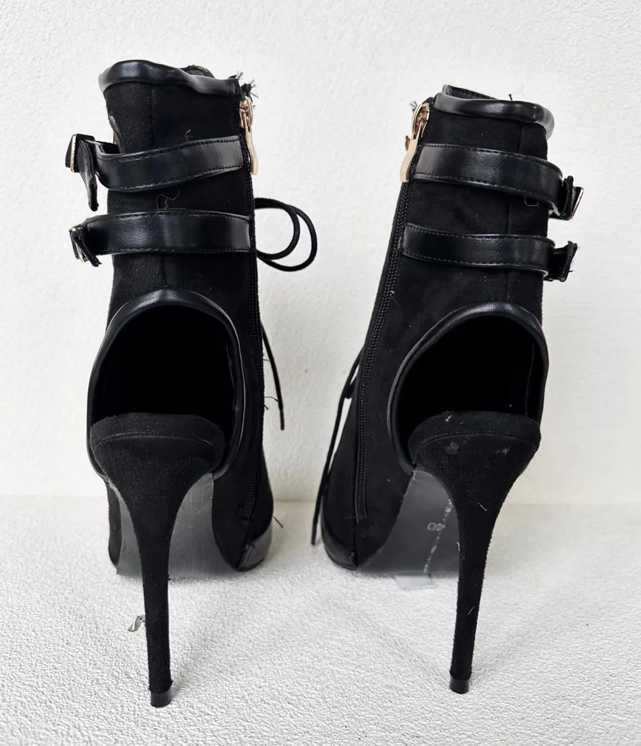 Frankie Hsu Ladies Sexy Hot Unisex Stiletto High Heeled Summer Bootie, Black Suede Gold Buckle Zip Lace Up Classic Fashion Style, Big Large Size US4-19 Suitable Ankle Boots For Women Men