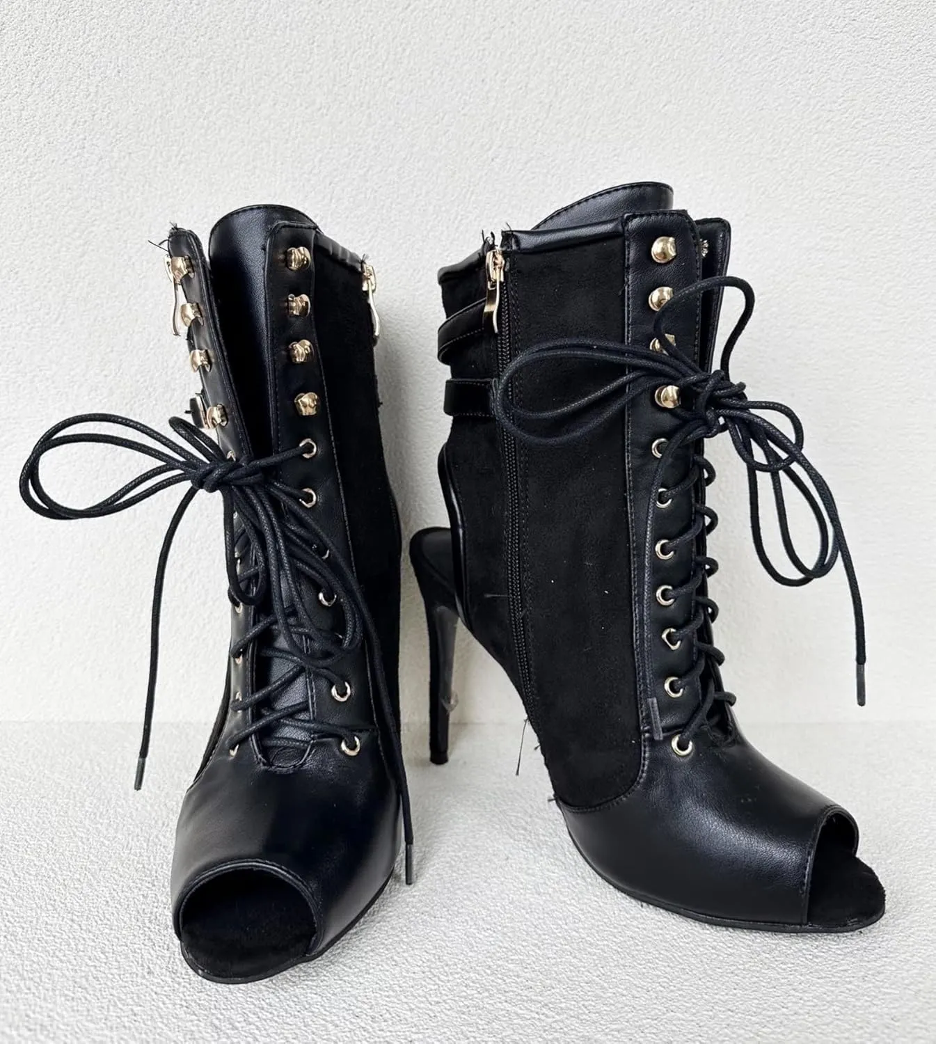 Frankie Hsu Ladies Sexy Hot Unisex Stiletto High Heeled Summer Bootie, Black Suede Gold Buckle Zip Lace Up Classic Fashion Style, Big Large Size US4-19 Suitable Ankle Boots For Women Men