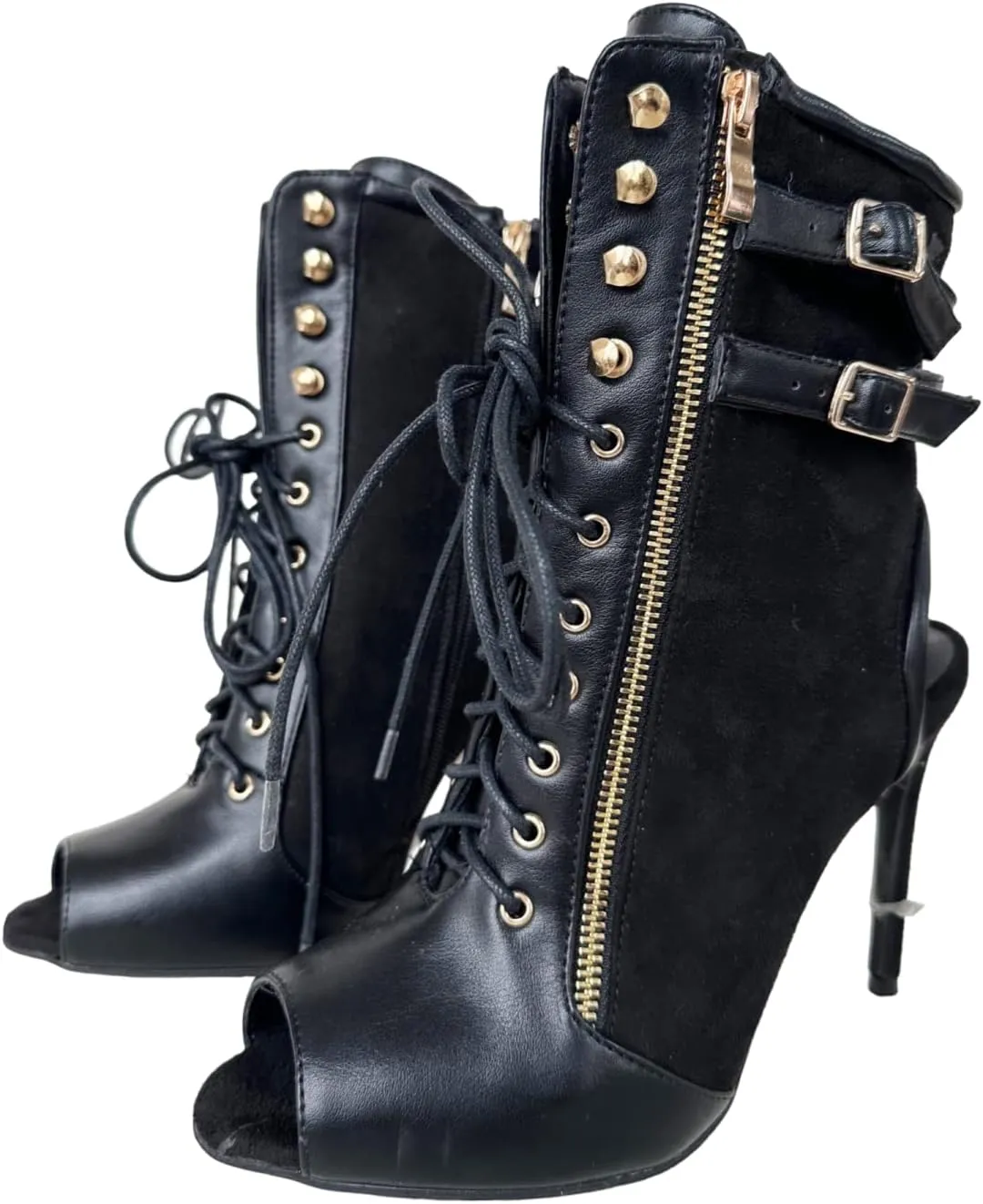 Frankie Hsu Ladies Sexy Hot Unisex Stiletto High Heeled Summer Bootie, Black Suede Gold Buckle Zip Lace Up Classic Fashion Style, Big Large Size US4-19 Suitable Ankle Boots For Women Men