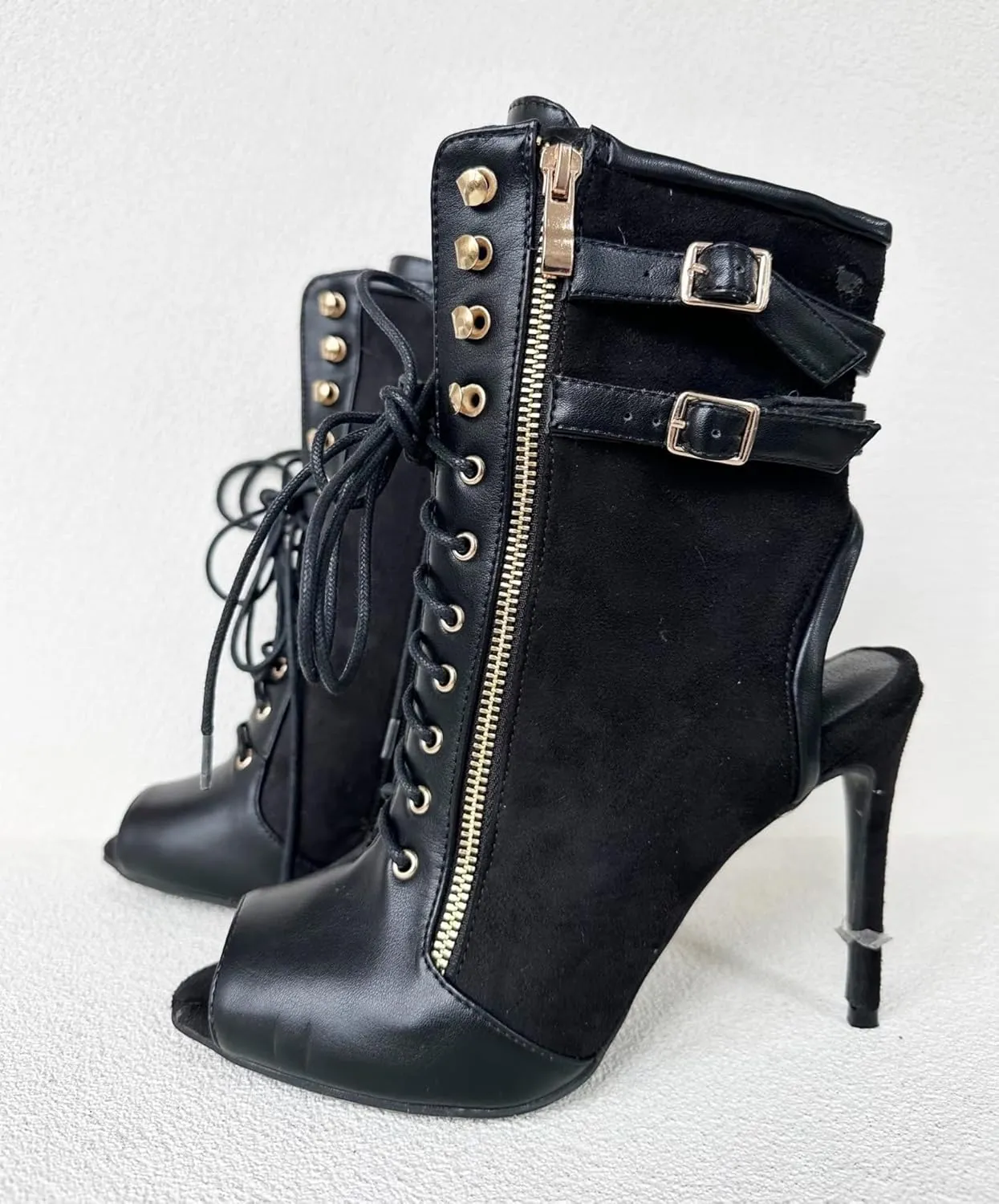 Frankie Hsu Ladies Sexy Hot Unisex Stiletto High Heeled Summer Bootie, Black Suede Gold Buckle Zip Lace Up Classic Fashion Style, Big Large Size US4-19 Suitable Ankle Boots For Women Men