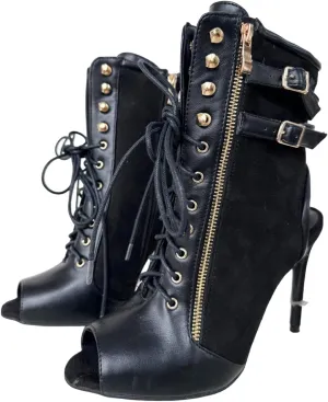 Frankie Hsu Ladies Sexy Hot Unisex Stiletto High Heeled Summer Bootie, Black Suede Gold Buckle Zip Lace Up Classic Fashion Style, Big Large Size US4-19 Suitable Ankle Boots For Women Men