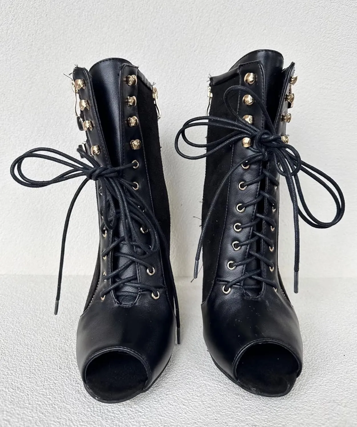 Frankie Hsu Ladies Sexy Hot Unisex Stiletto High Heeled Summer Bootie, Black Suede Gold Buckle Zip Lace Up Classic Fashion Style, Big Large Size US4-19 Suitable Ankle Boots For Women Men