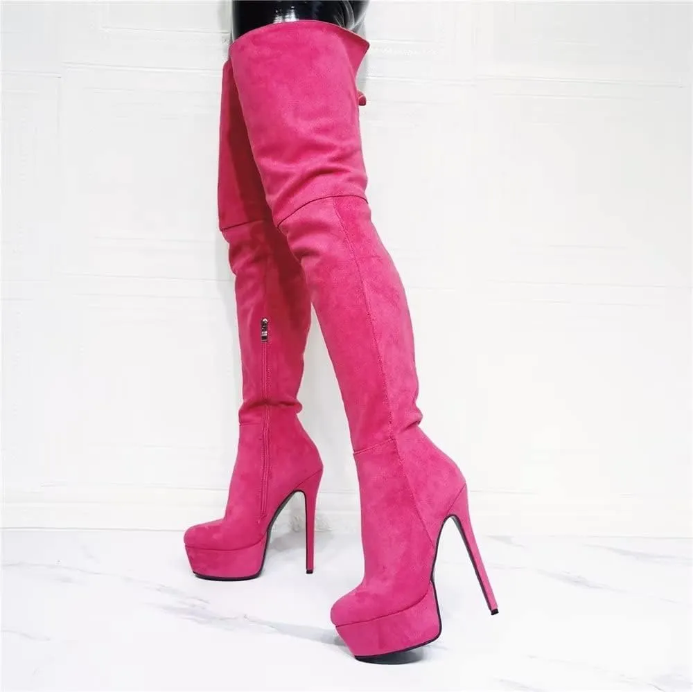 Frankie Hsu Sexy Platform Stiletto Over The Knee Boots, Classic Pink Faux Suede Stylish Thigh High Style, Large Big Size Fashion Modern Cute Heeled Long Tall Shoes For Women