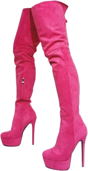 Frankie Hsu Sexy Platform Stiletto Over The Knee Boots, Classic Pink Faux Suede Stylish Thigh High Style, Large Big Size Fashion Modern Cute Heeled Long Tall Shoes For Women