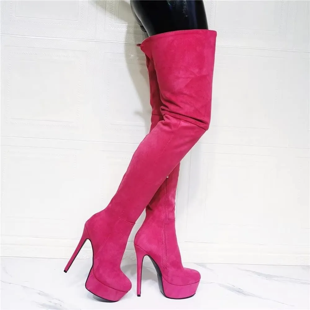 Frankie Hsu Sexy Platform Stiletto Over The Knee Boots, Classic Pink Faux Suede Stylish Thigh High Style, Large Big Size Fashion Modern Cute Heeled Long Tall Shoes For Women