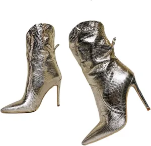 Frankie Hsu Western High Heeled Ankle Cowgirl Boots, Sexy Gold Snake Python Thin Cowboy Bootie, Big Size Fashion Designer Short Shoes For Women Men