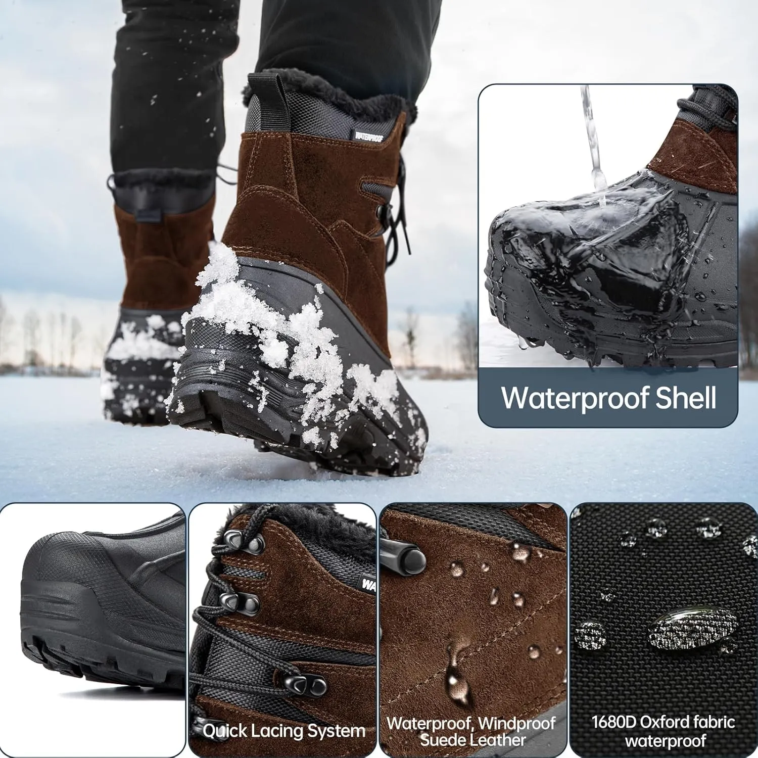 FREE SOLDIER Mens Snow Boots Warm Fleece Lining Winter Ski Shoes Waterproof Insulated Booties
