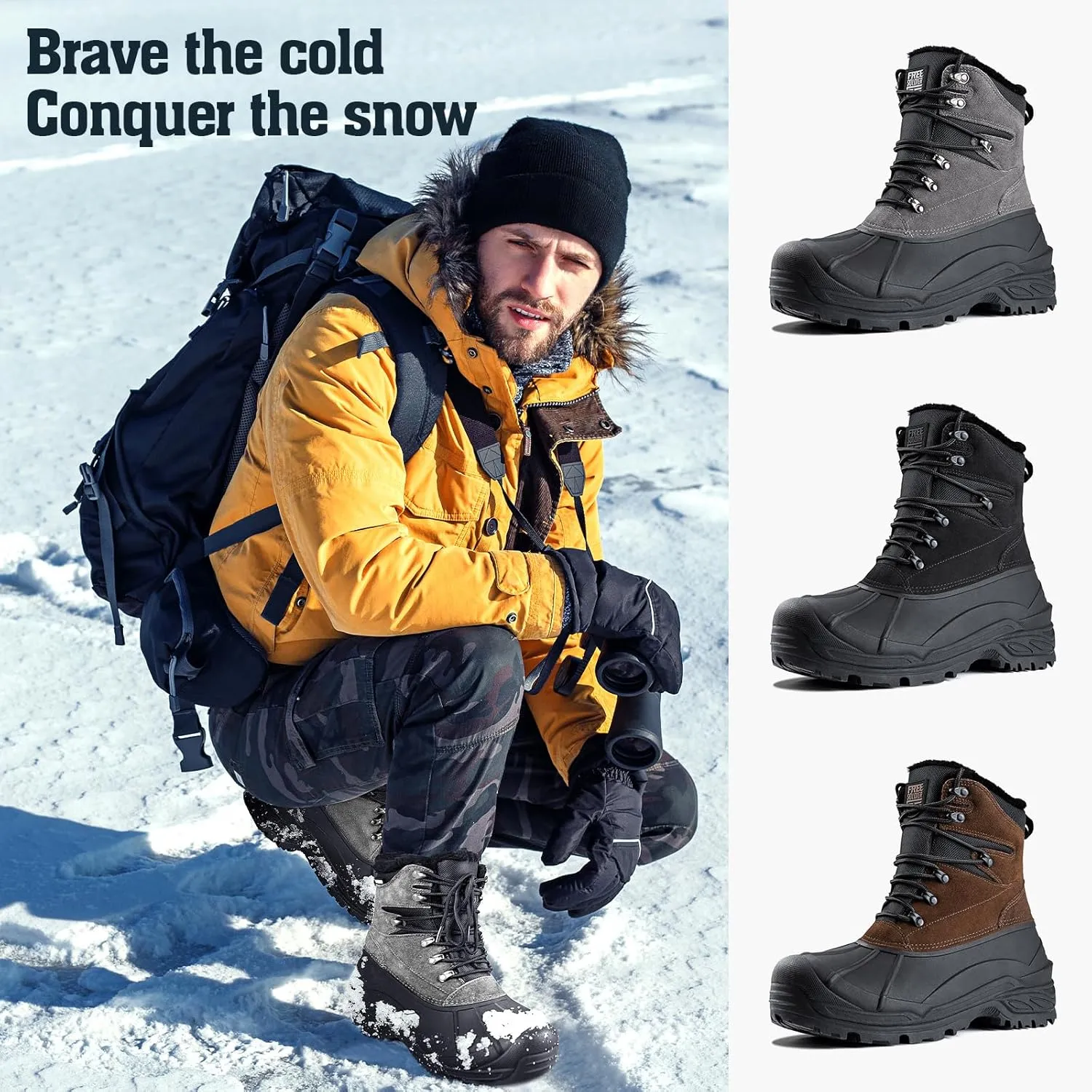 FREE SOLDIER Mens Snow Boots Warm Fleece Lining Winter Ski Shoes Waterproof Insulated Booties