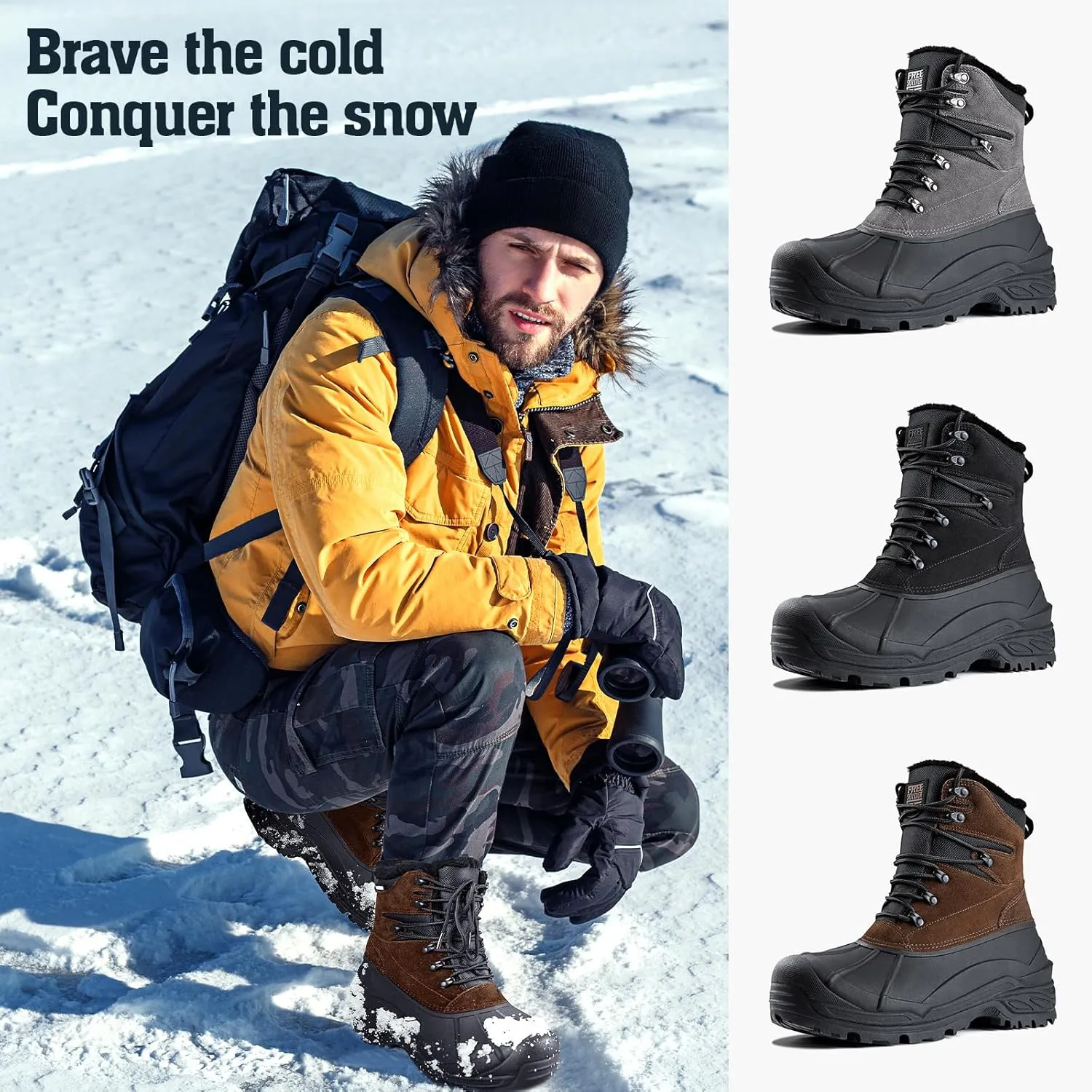 FREE SOLDIER Mens Snow Boots Warm Fleece Lining Winter Ski Shoes Waterproof Insulated Booties