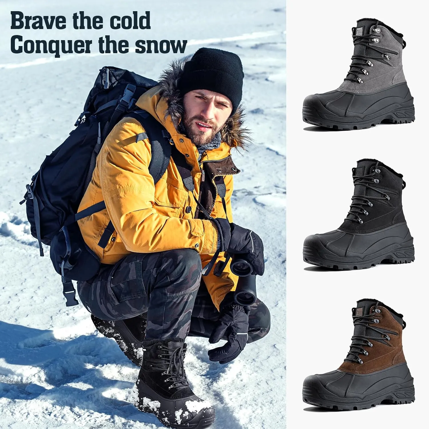 FREE SOLDIER Mens Snow Boots Warm Fleece Lining Winter Ski Shoes Waterproof Insulated Booties