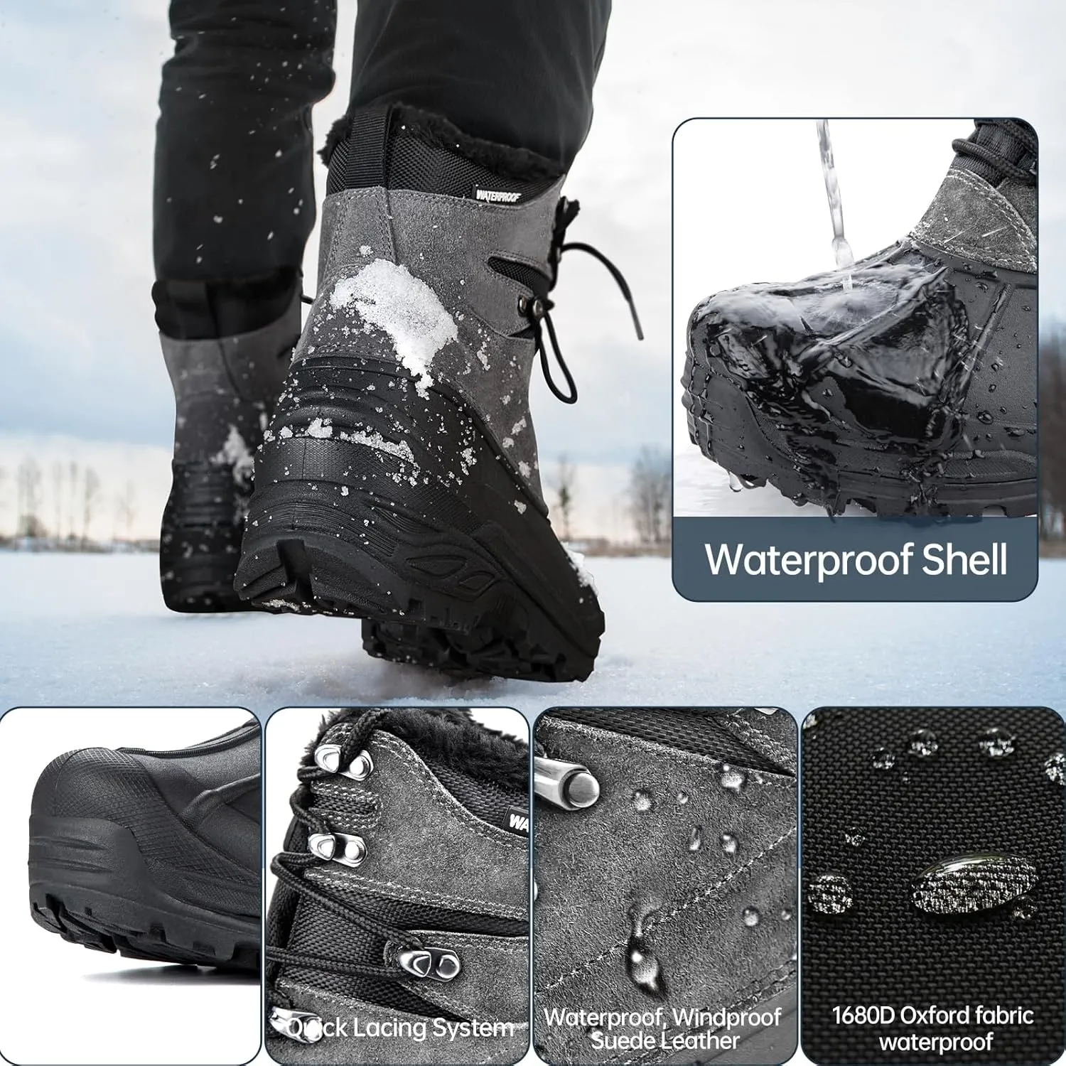 FREE SOLDIER Mens Snow Boots Warm Fleece Lining Winter Ski Shoes Waterproof Insulated Booties