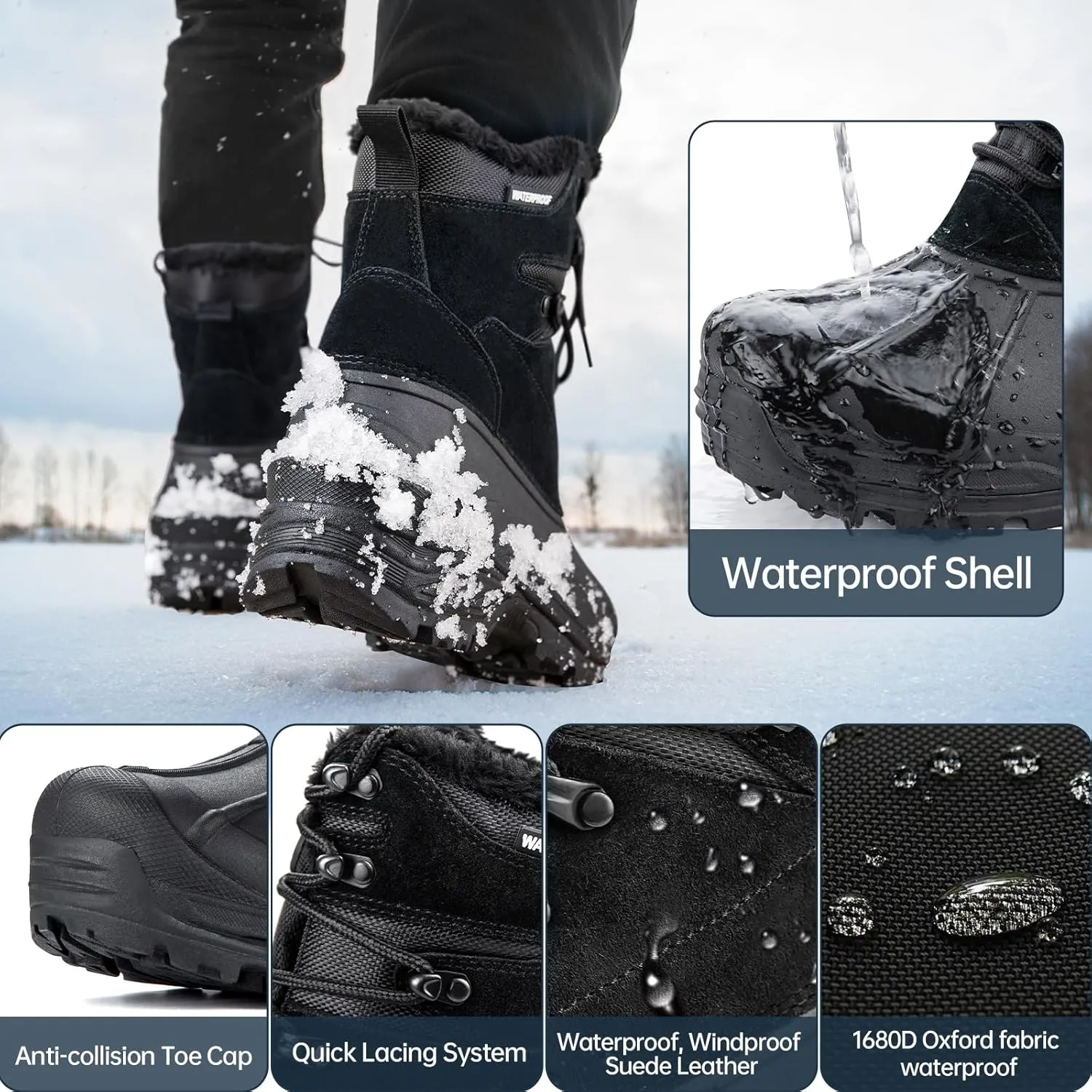FREE SOLDIER Mens Snow Boots Warm Fleece Lining Winter Ski Shoes Waterproof Insulated Booties