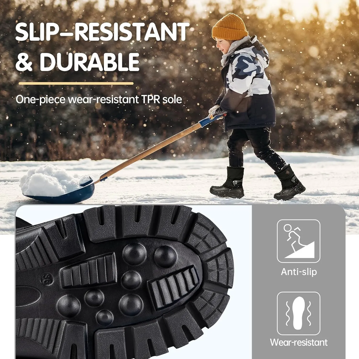 FREE SOLDIER Snow Boots for Kids Waterproof with Zipper Winter Warm Non Slip Cold Weather Outdoor Boys Girls Snow Boots