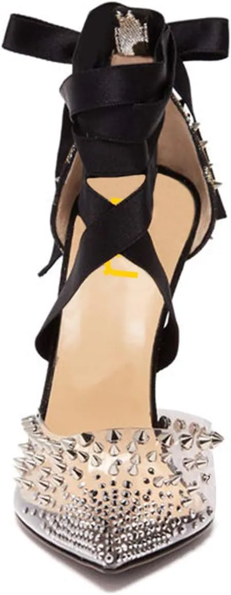FSJ Women High Heel Ankle Strap Sandals Pointed Toe Rivets Pumps PVC Club Dress Shoes with Studs Fashion Size 4-15 US