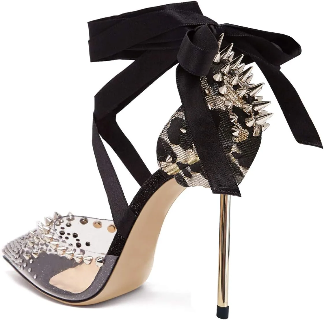 FSJ Women High Heel Ankle Strap Sandals Pointed Toe Rivets Pumps PVC Club Dress Shoes with Studs Fashion Size 4-15 US