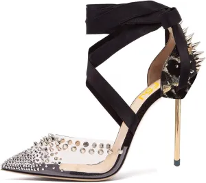 FSJ Women High Heel Ankle Strap Sandals Pointed Toe Rivets Pumps PVC Club Dress Shoes with Studs Fashion Size 4-15 US