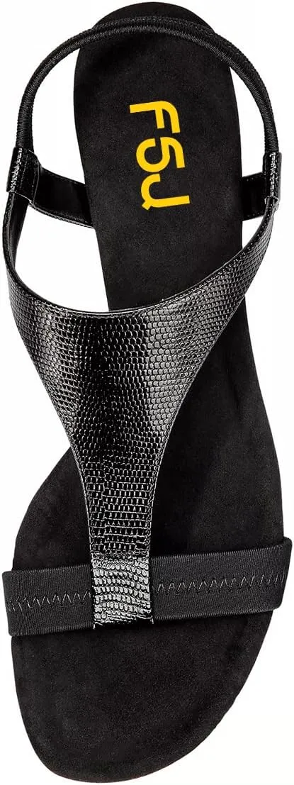 FSJ Women Open Toe Low Wedge Heel Sandals T-Strap Comfy Padded Sole Ankle Strap Casual Beach Travel Summer Sandals Size 4-15 US