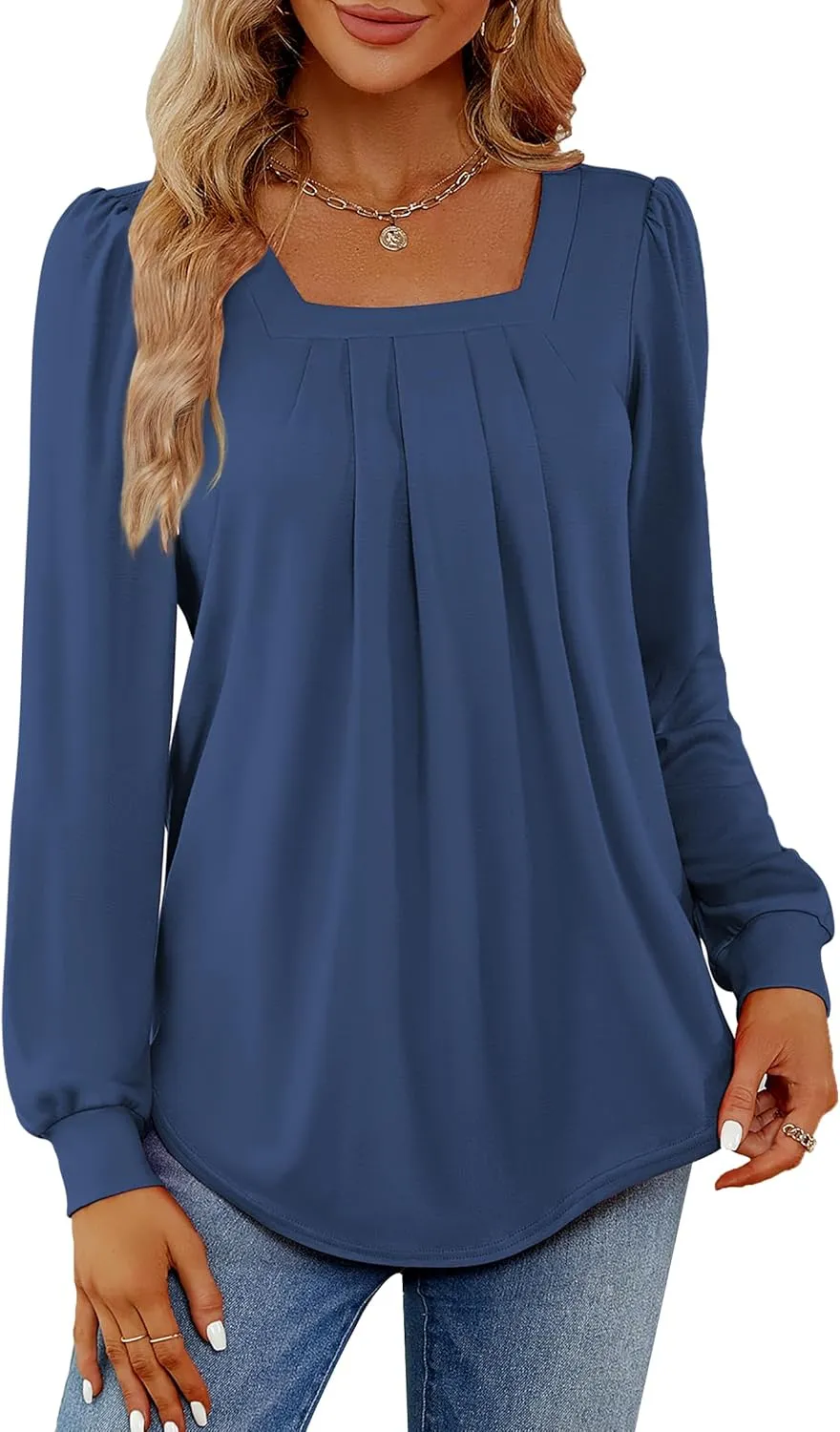 Funlingo 2024 Women's Long Sleeve Tops Dressy Pleated Square Neck Tunic Blouses Casual Loose Shirts