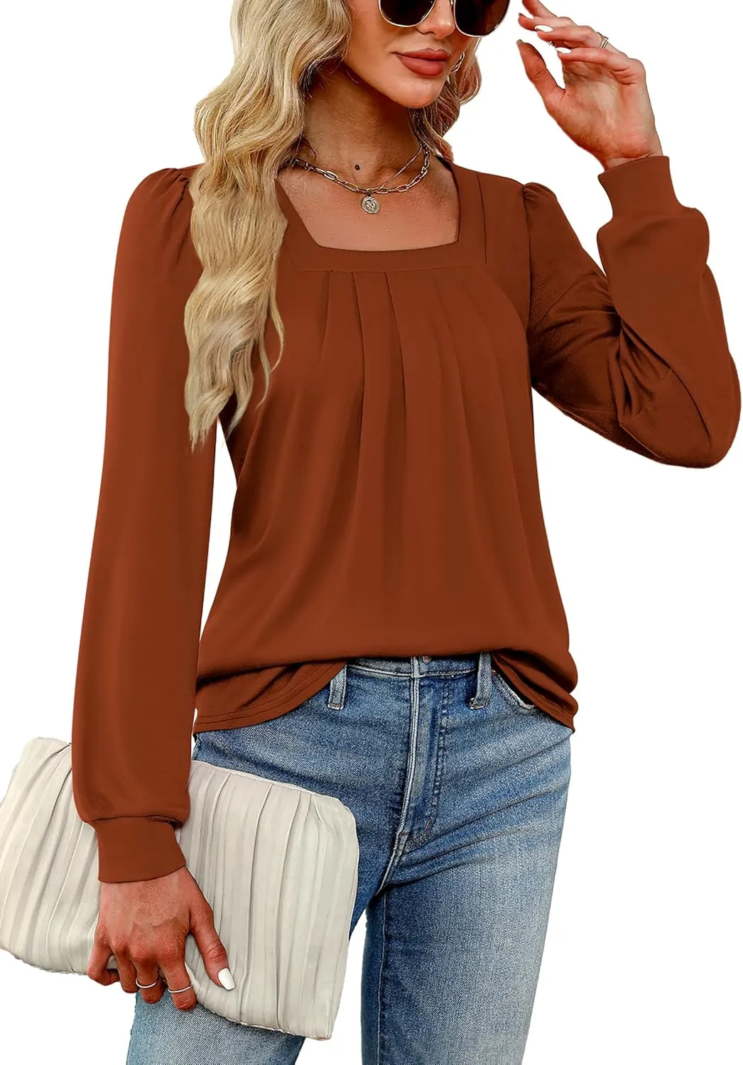 Funlingo 2024 Women's Long Sleeve Tops Dressy Pleated Square Neck Tunic Blouses Casual Loose Shirts