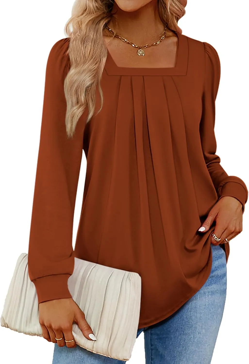 Funlingo 2024 Women's Long Sleeve Tops Dressy Pleated Square Neck Tunic Blouses Casual Loose Shirts