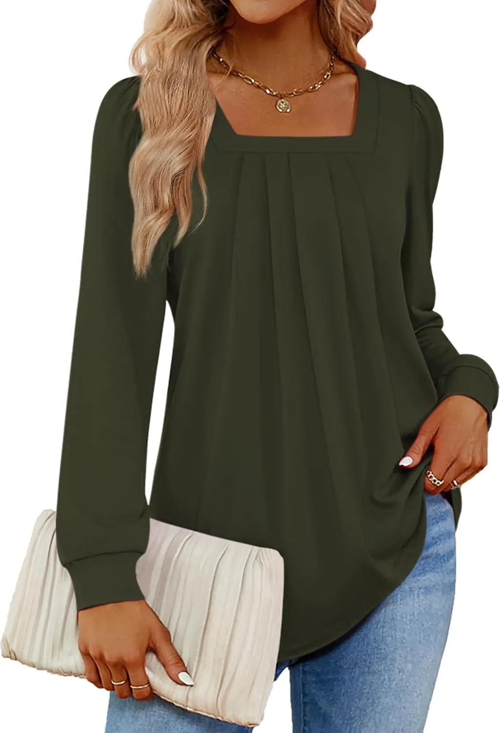 Funlingo 2024 Women's Long Sleeve Tops Dressy Pleated Square Neck Tunic Blouses Casual Loose Shirts