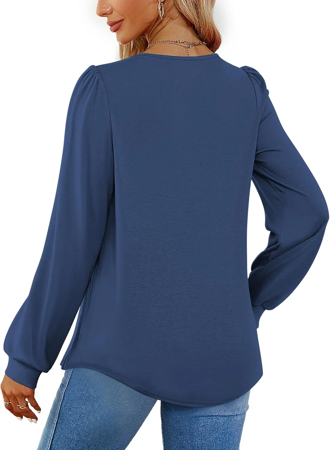 Funlingo 2024 Women's Long Sleeve Tops Dressy Pleated Square Neck Tunic Blouses Casual Loose Shirts