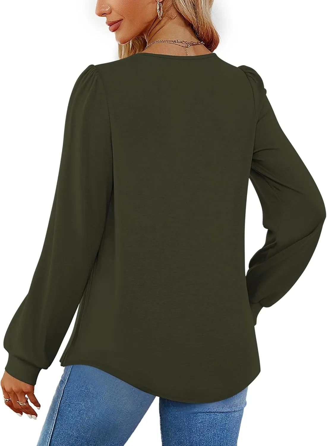 Funlingo 2024 Women's Long Sleeve Tops Dressy Pleated Square Neck Tunic Blouses Casual Loose Shirts