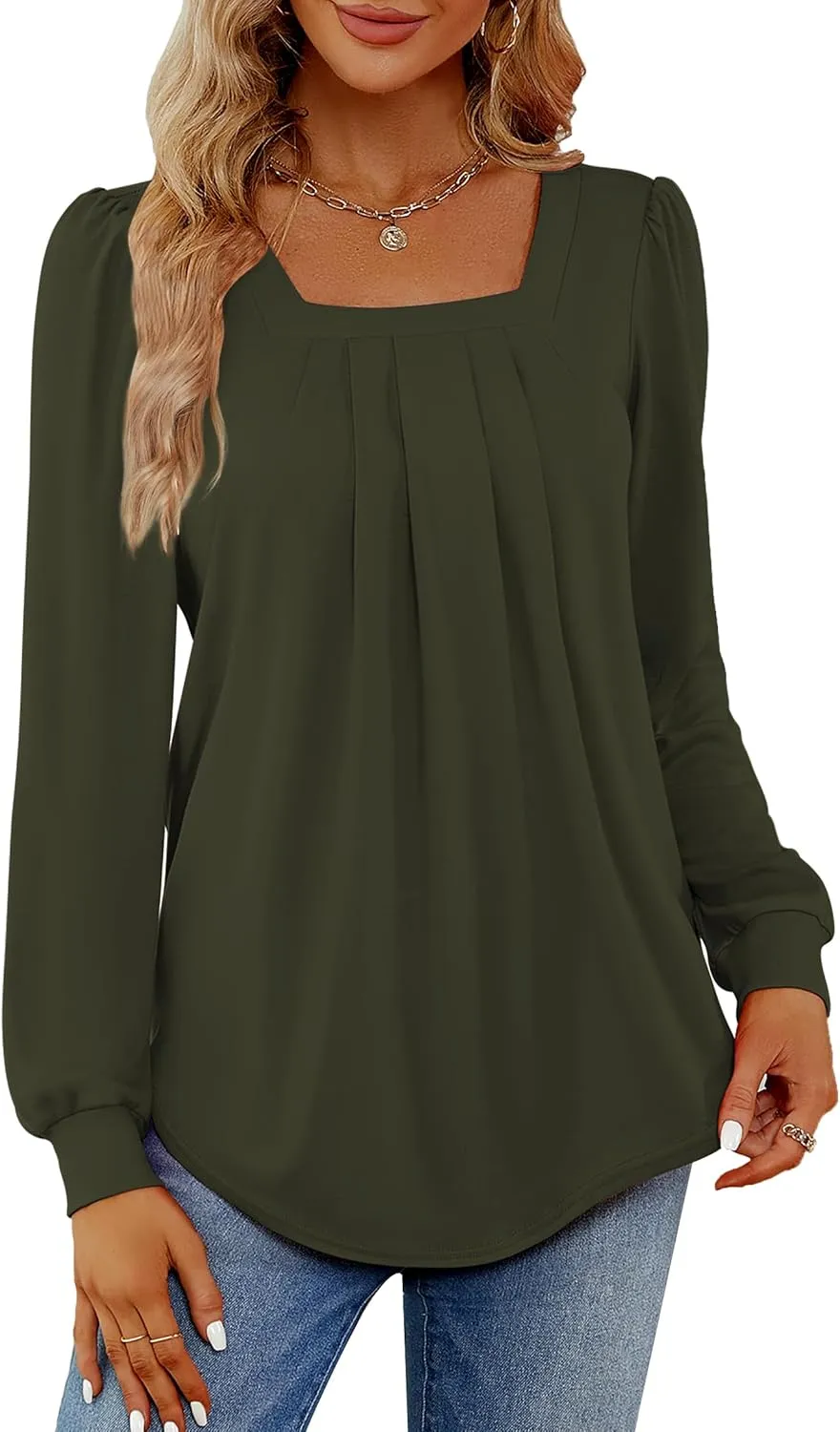Funlingo 2024 Women's Long Sleeve Tops Dressy Pleated Square Neck Tunic Blouses Casual Loose Shirts