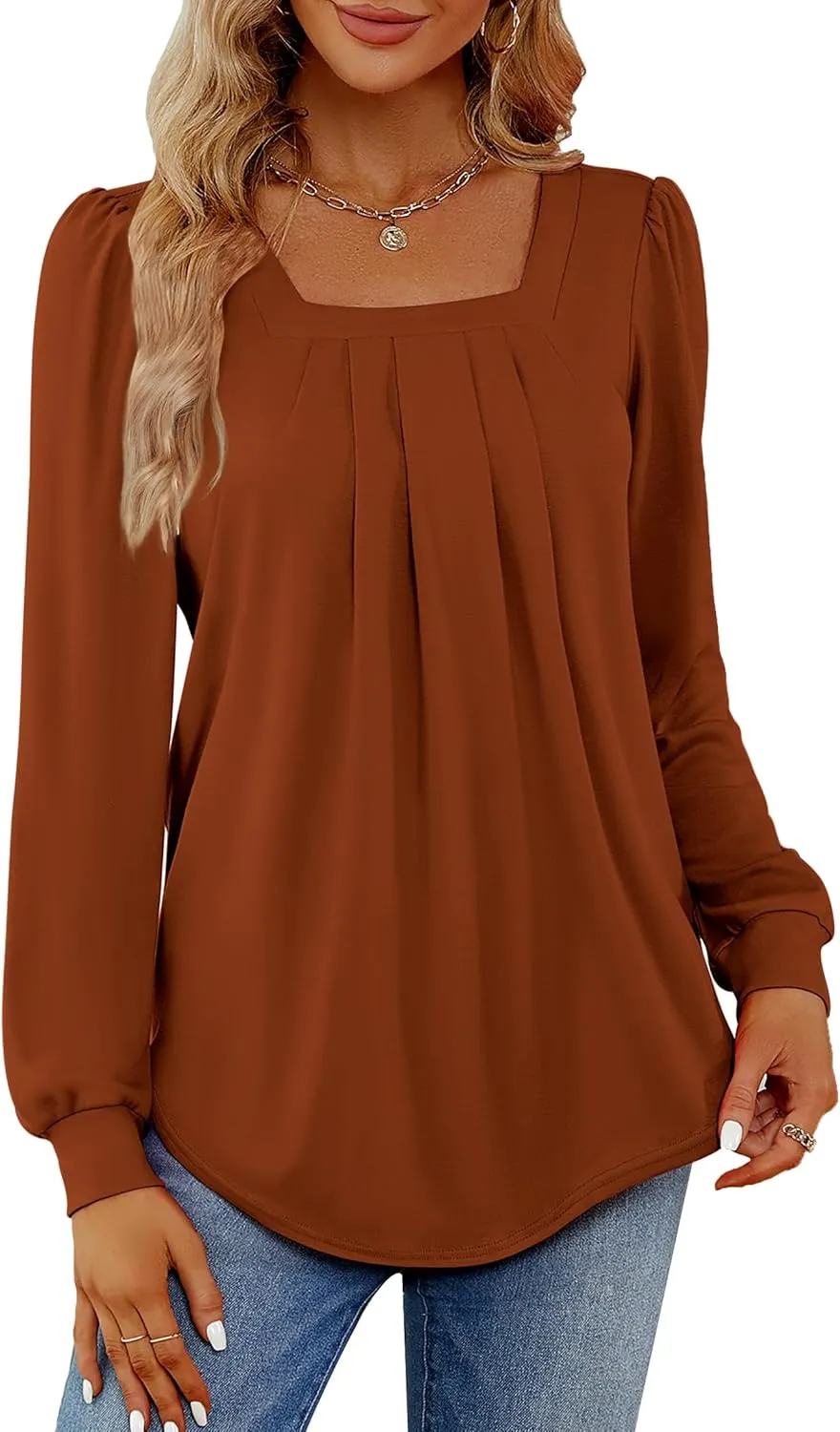 Funlingo 2024 Women's Long Sleeve Tops Dressy Pleated Square Neck Tunic Blouses Casual Loose Shirts