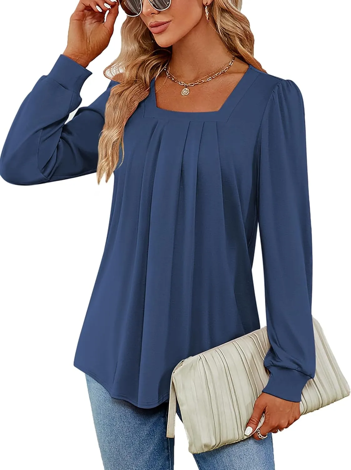Funlingo 2024 Women's Long Sleeve Tops Dressy Pleated Square Neck Tunic Blouses Casual Loose Shirts