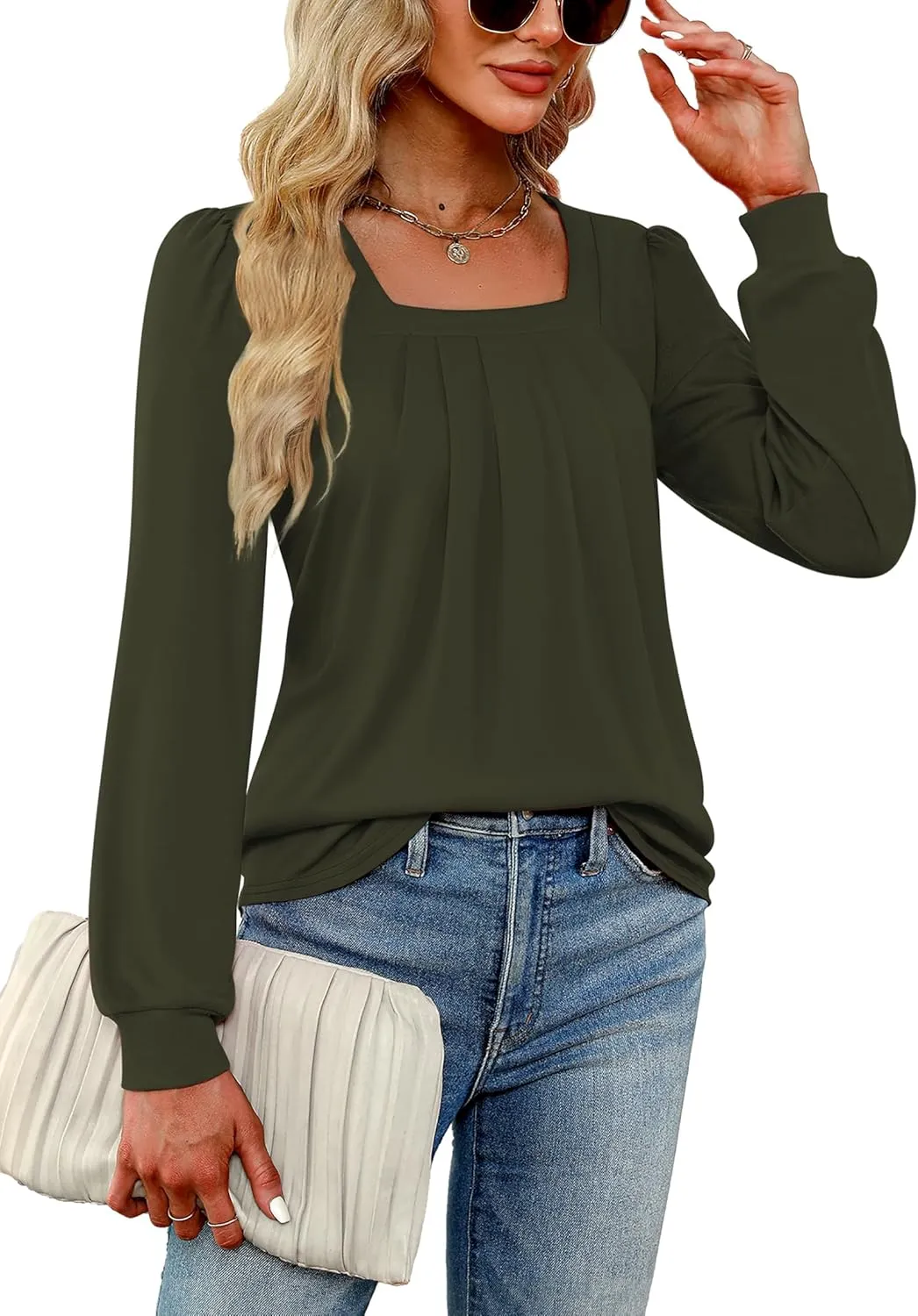 Funlingo 2024 Women's Long Sleeve Tops Dressy Pleated Square Neck Tunic Blouses Casual Loose Shirts