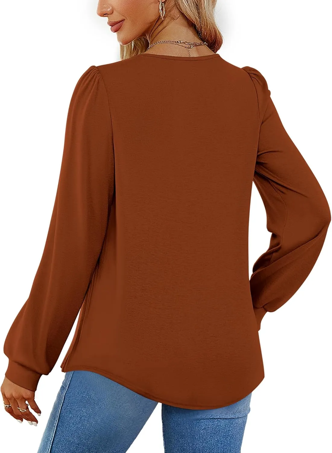 Funlingo 2024 Women's Long Sleeve Tops Dressy Pleated Square Neck Tunic Blouses Casual Loose Shirts