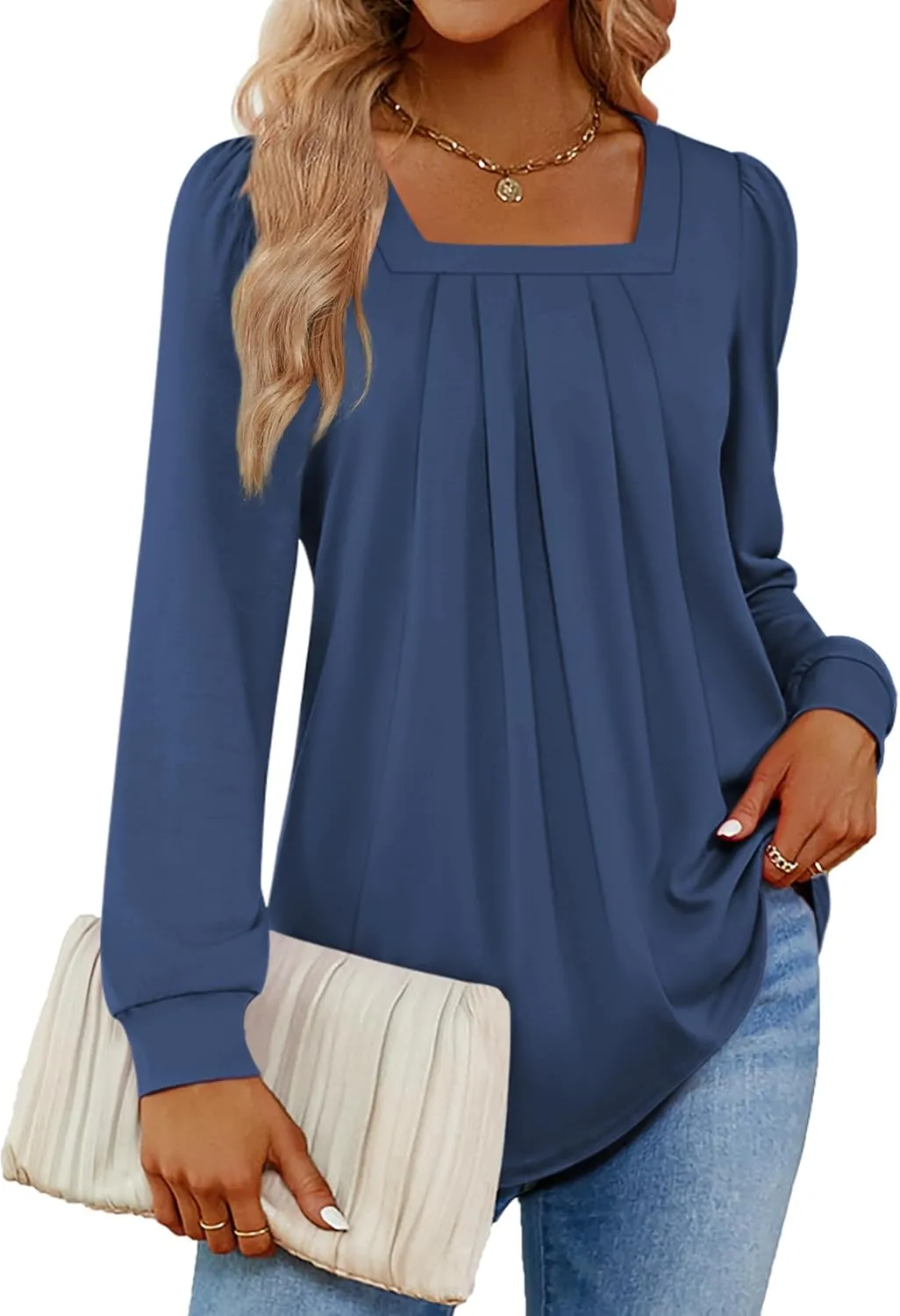 Funlingo 2024 Women's Long Sleeve Tops Dressy Pleated Square Neck Tunic Blouses Casual Loose Shirts