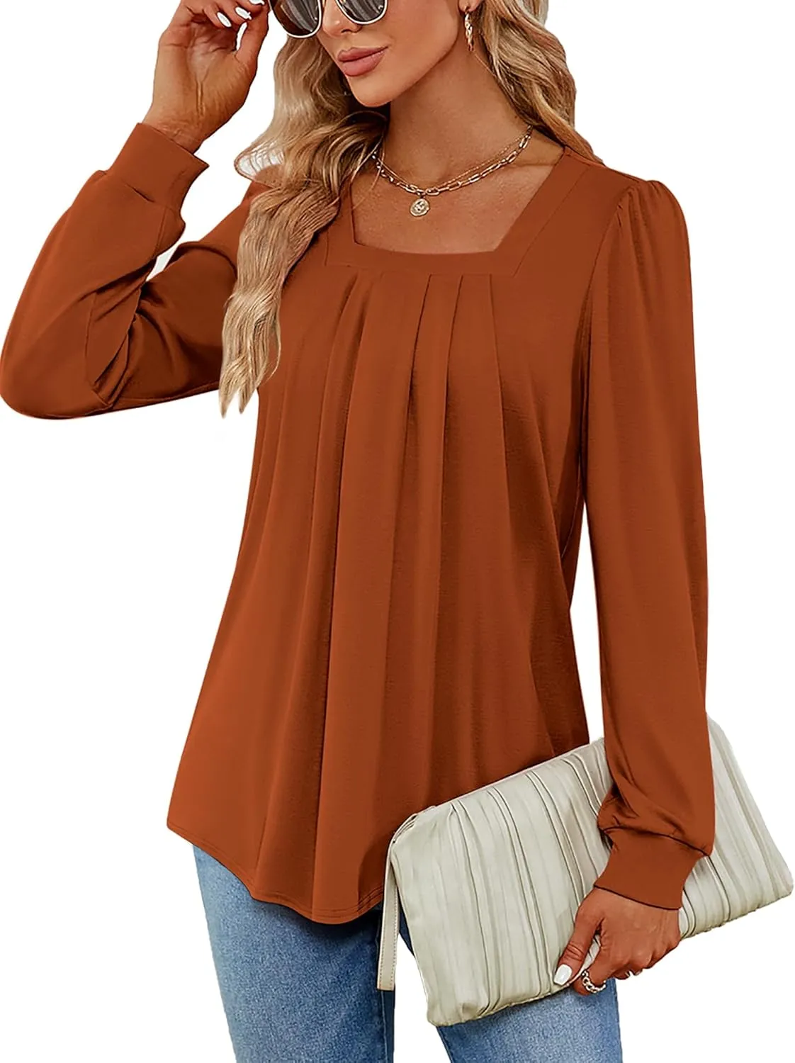 Funlingo 2024 Women's Long Sleeve Tops Dressy Pleated Square Neck Tunic Blouses Casual Loose Shirts