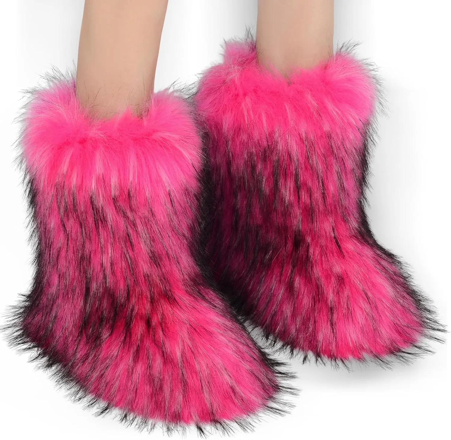 Fur Boots Warm Women's Faux Fur Boot Furry Short Snow Boot Mid-Calf Boots Outdoor Flat Shoes